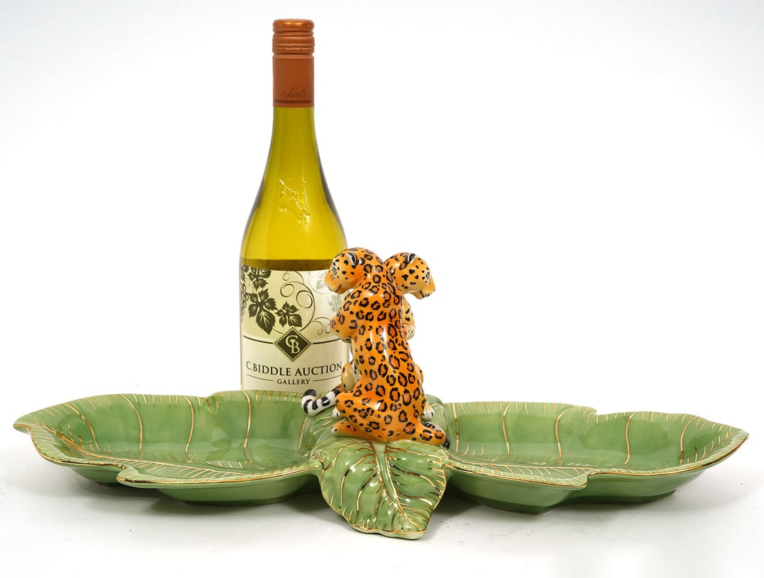 Lynn Chase "Jaguar Jungle" Porcelain Server: Lynn Chase "Jaguar Jungle" divided porcelain server centerpiece. Measures 19"L x 6.5"W x 6.5"H. Condition report: Good condition, please see all photos. Contact C. Biddle Auction Gallery for more deta