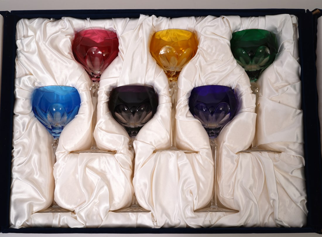 Faberge "Lausanne" 6 Cut Crystal Goblets: Faberge "Lausanne" cut-crystal goblets, multicolored set of 6, measures 8.5"H and includes original presentation case. Case measures 19.5"L x 14.5"W x 5.5"H. Condition report: Right side door of case