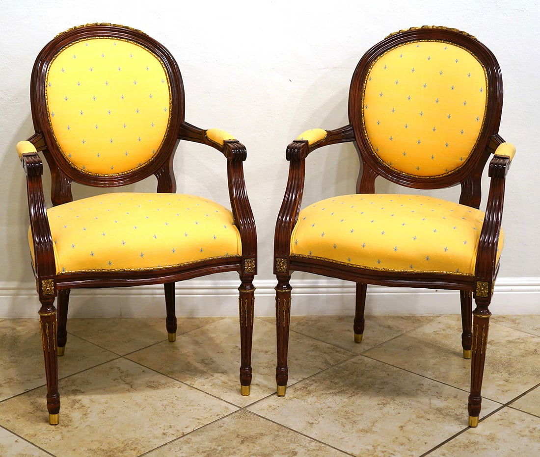Pr French Style Gilt Accented Mahogany Armchairs (1 of 8)