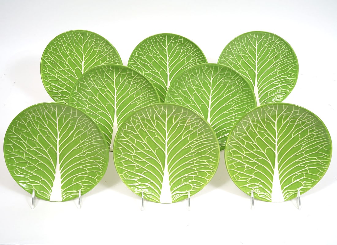 Dodie Thayer for Tory Burch 8 Salad Plates: Dodie Thayer for Tory Burch 8 hand detailed 'lettuce ware' salad plates measure approximately 8.25"W and are marked on underside 'Dody Thayer for Tory Burch'. Condition report: good condition, please