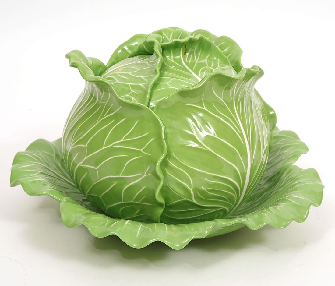 Dodie Thayer for Tory Burch Tureen & Underplate: Dodie Thayer for Tory Burch hand detailed lettuce ware covered tureen and underplate, both marked on underside 'Dodie Thayer for Tory Burch'. Tureen measures 6"H x 6.75"W; underplate measures 10.5"W x