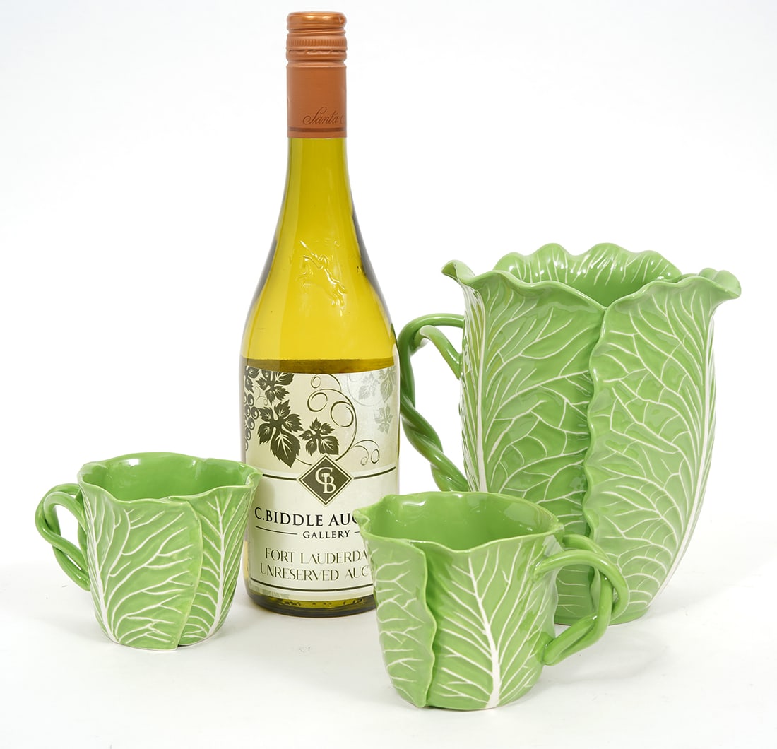 Dodie Thayer for Tory Burch Pitcher & 2 Cups: Dodie Thayer for Tory Burch lettuce ware hand detailed pitcher and two cups with 'Dodie Thayer for Tory Burch' on underside. Pitcher measures 7"H x 8"W with handle. Cups measure 3.25"H x 5"W with hand