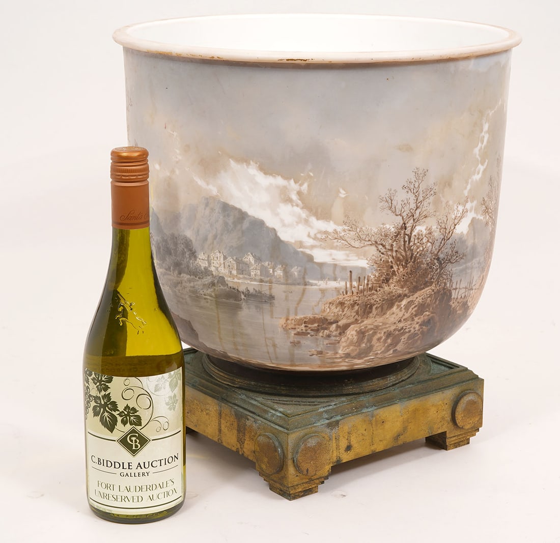 Paul Langlois French Painted Porcelain Cache Pot: Paul Langlois French hand-painted porcelain cache pot features landscape scenes including castles an are mounted on square pedestal. Possibly Sevres. Measures 13.75"W x 15"H. Condition report: Good co