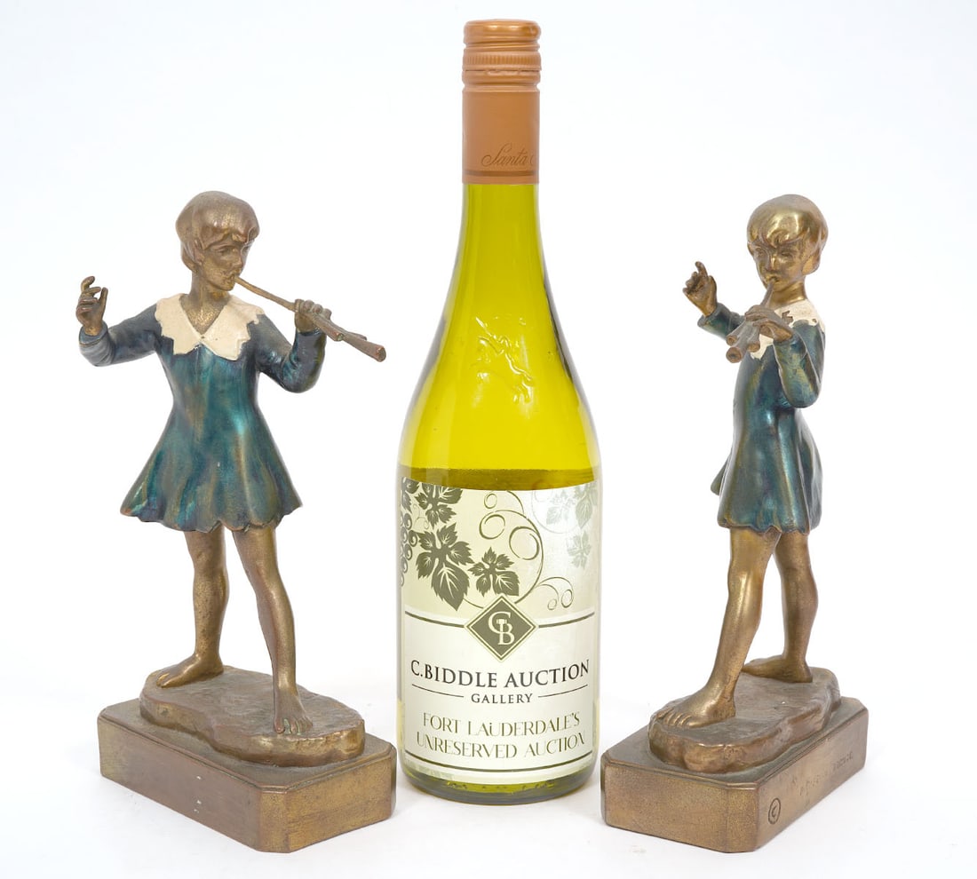 Pr. Patinated Pompeian Bronze 'Peter Pan' Figures: Pair of patinated bronze figures of Peter Pan in the style of the iconic statue by Sir George Frampton. Marked on back side of base 'Pompeian Bronze'. Measures 9.25"H x 4.75"L x 2.25"D. Condition repo