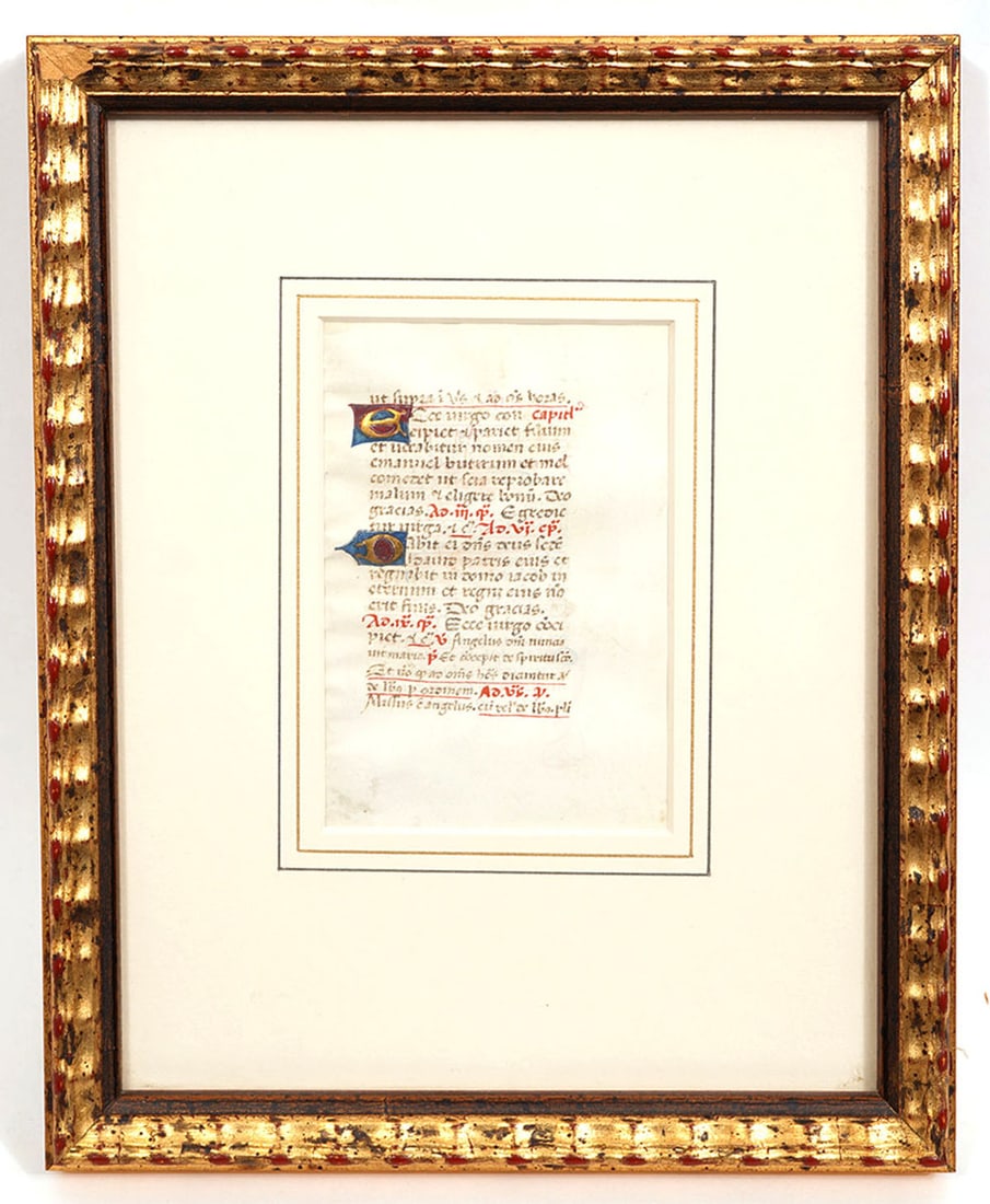 Early Antique Illuminated Framed Manuscript: Antique framed two sided illuminated manuscript, possibly Italian. Frame measures 10"H x 8" W. Condition report: manuscript appears in good condition, frame has minor wear. Contact C. Biddle Auction