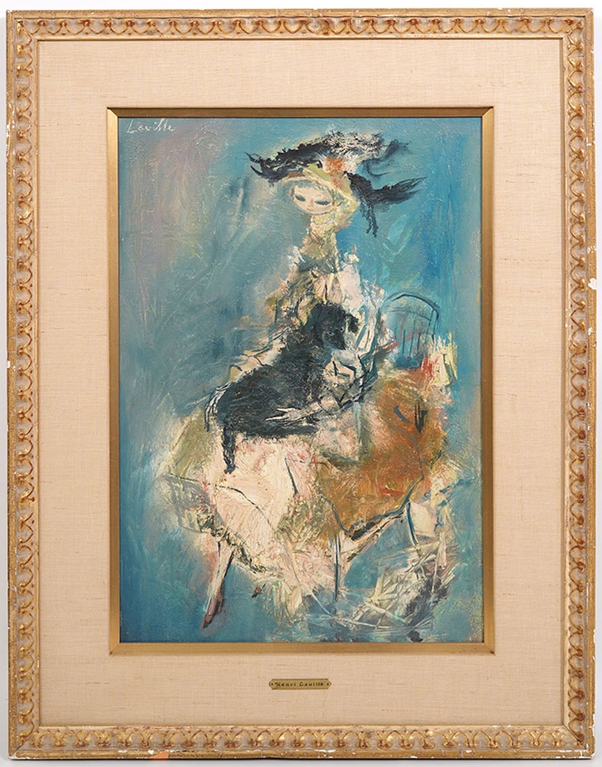 Henri Laville Figural Abstract Signed Painting: Henri Laville, France (1916-1995). Oil on canvas of a female figure with what appears to be a small animal in her lap. This is signed top left, has a brass plate 'Henri Laville' bottom center and is m