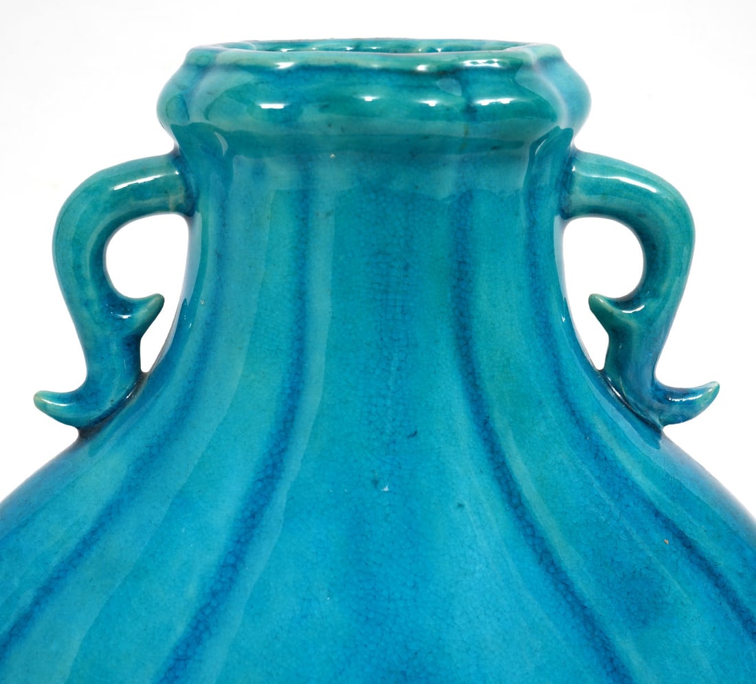 Vintage Turquoise Ceramic Moon Flask Vase - 3