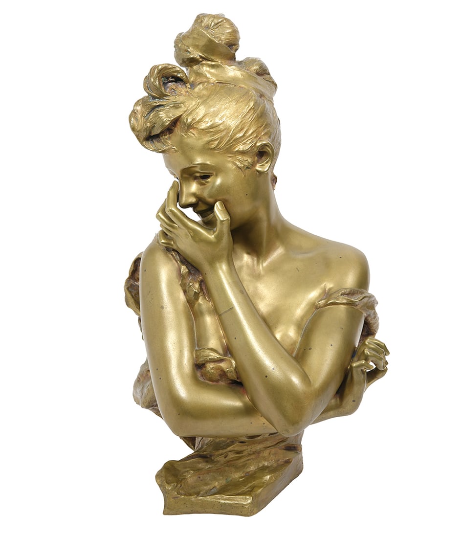 Van Der Straeten "Laughing Girl" Bronze Bust: Georges Van Der Straeten (Begium, 1856-1928) "Laughing Girl" signed bronze bust. Measurements: 12"L x 11.5"W x 24"H. Condition report: Good condition, please examine all photos closely. Contact C. Bid