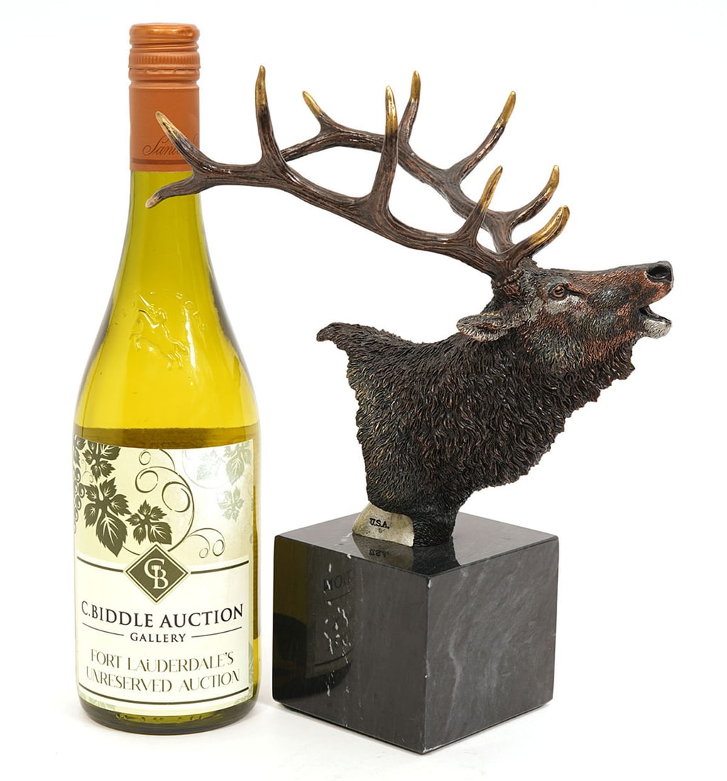 K. Cantrell 'Songs of Autumn' Bronze Elk Sculpture: Kitty Cantrell, American 20th C. 'Songs of Autumn' is part of the Limited Edition Endangered Wildlife Sculptures. The mixed media bronze Elk has an antique bronze finish and is incised with title, sig