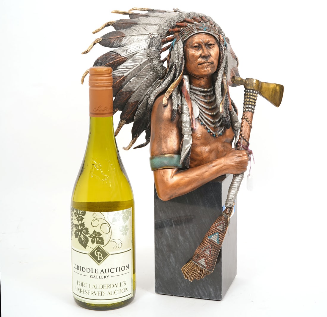 Chris Pardell 'Chief Plenty Coups' Sculpture: Christopher Pardell, American (Born 1957). Mixed media limited edition sculpture 'Eminent Crow' from 'The Legacies of the West Premier Edition' is titled 'Chief Plenty Coups'. It is incised with signa