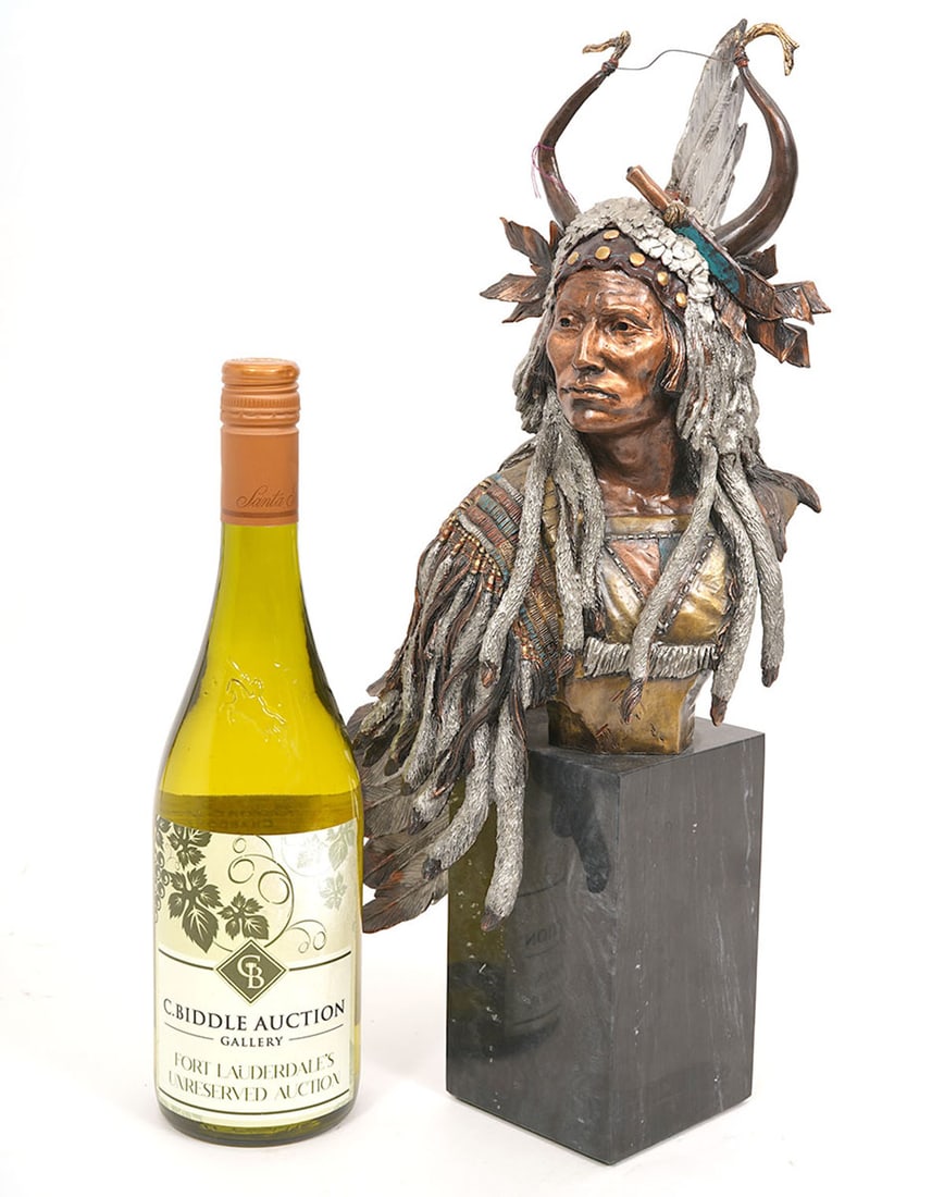 Chris Pardell 'Chief Four Bears' Sculpture: Christopher Pardell, American, 20th C. This is a mixed media limited edition sculpture 'Esteemed Warrior' from 'The Legacies of the West Premier Edition' titled 'Chief Four Bears'. It is incised with