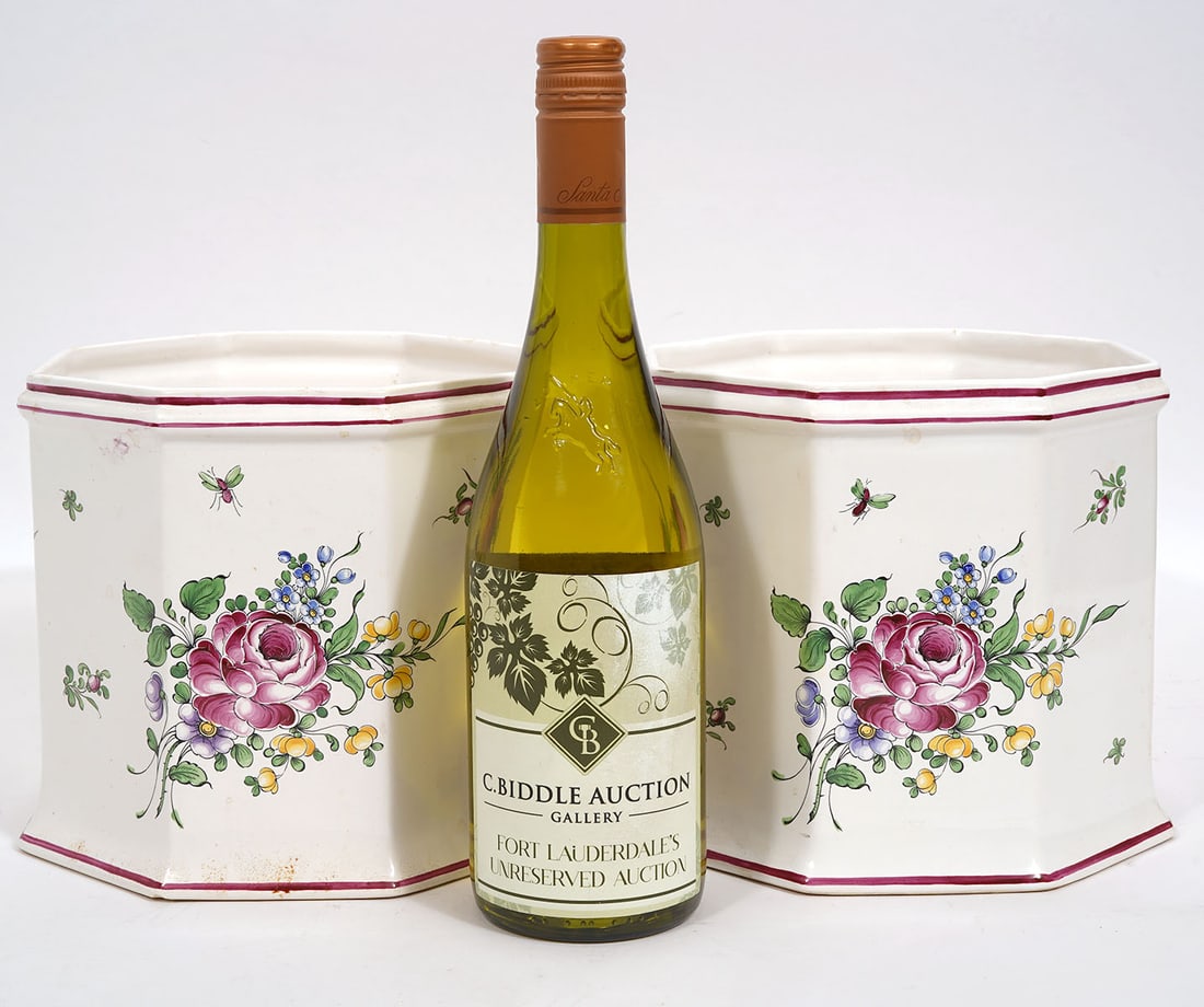 Tiffany & Co. Pr. Porcelain Octagonal Cachepots: Pair of Tiffany & Co. octagonal porcelain cachepots with hand painted floral motif in 'Strasbourg Flower' pattern on white ground. Measures 7"H x 7.5"W. Condition report: good condition, please see al