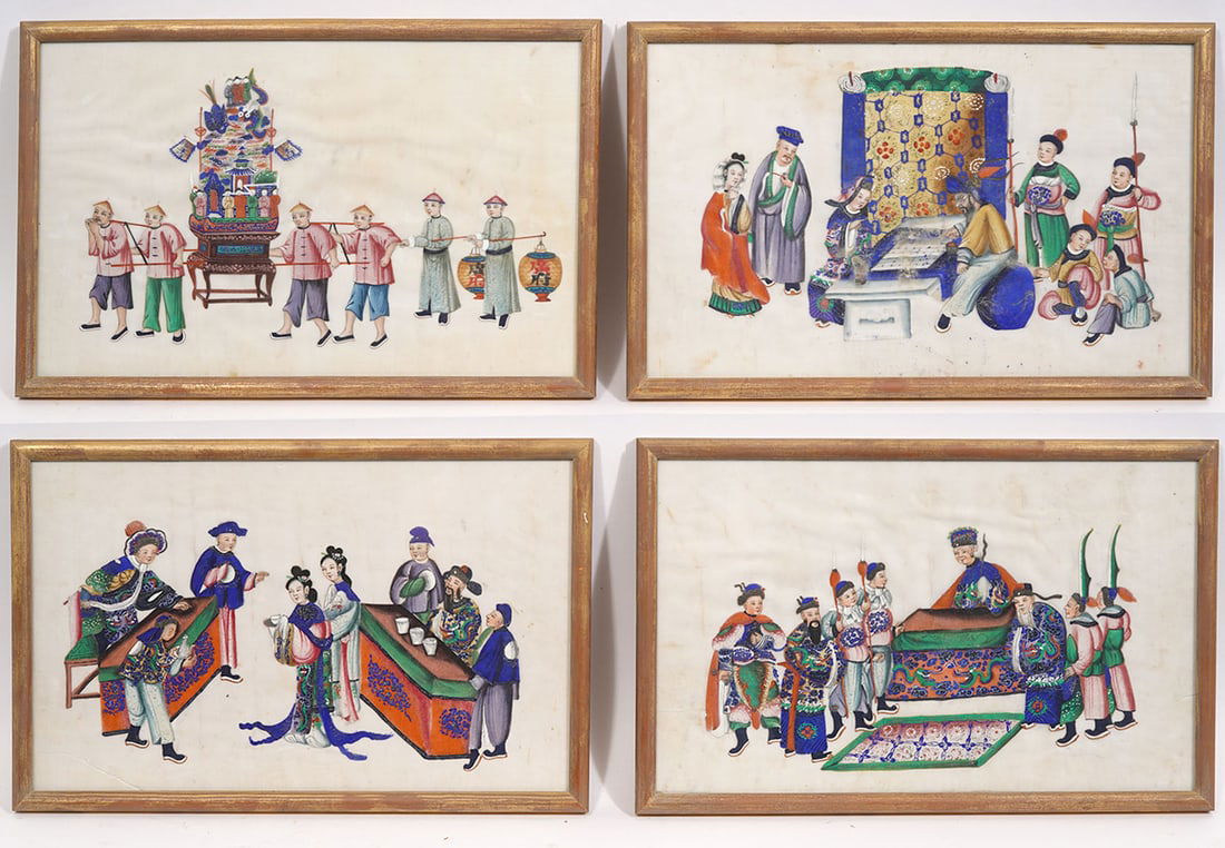 Group of 4 Chinese Gouache on Pith Paintings: Group of 4 Chinese gouache on pith paintings, themes of royal court scenes with servants. Each measurements 8.75"H x 13.5"W. Condition report: Good condition, please examine all photos closely. Contac
