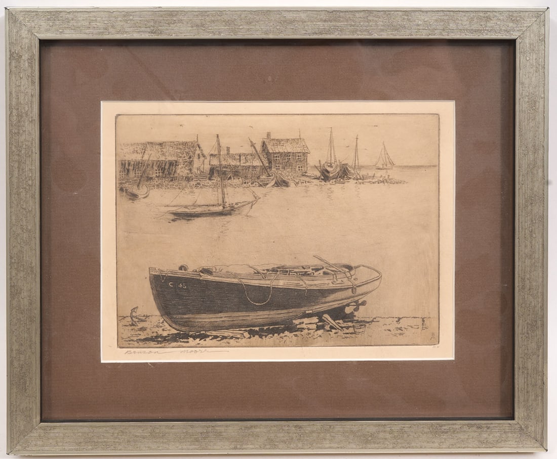 Benson Moore Harbor Scene Etching: Benson Bond Moore, American (1882-1974) Harbor scene etching, pencil signed lower left. Measurements: Visual 6"H x 7.75"W, Frame -10.25"H x 12"W. Condition report: Good condition, please examine all p
