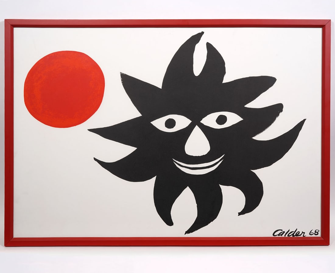 Alexander Calder Print: Alexander Calder, American (1898-1976). Calder print titled 'Large Black Face With Sun' is mounted in a red wood frame, signed and dated '68 lower right. Measures 25.75"H x 36.25"W framed; 23.75"H x 3
