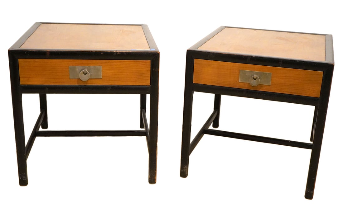 Michael Taylor Baker Furniture 2 Night Stands: 2 Michael Taylor for Baker Furniture mid-century walnut night stands have single drawers with metal ring pulls and dark stained frames. 'Baker Furniture' metal tags inside both drawers. Measures 22"H