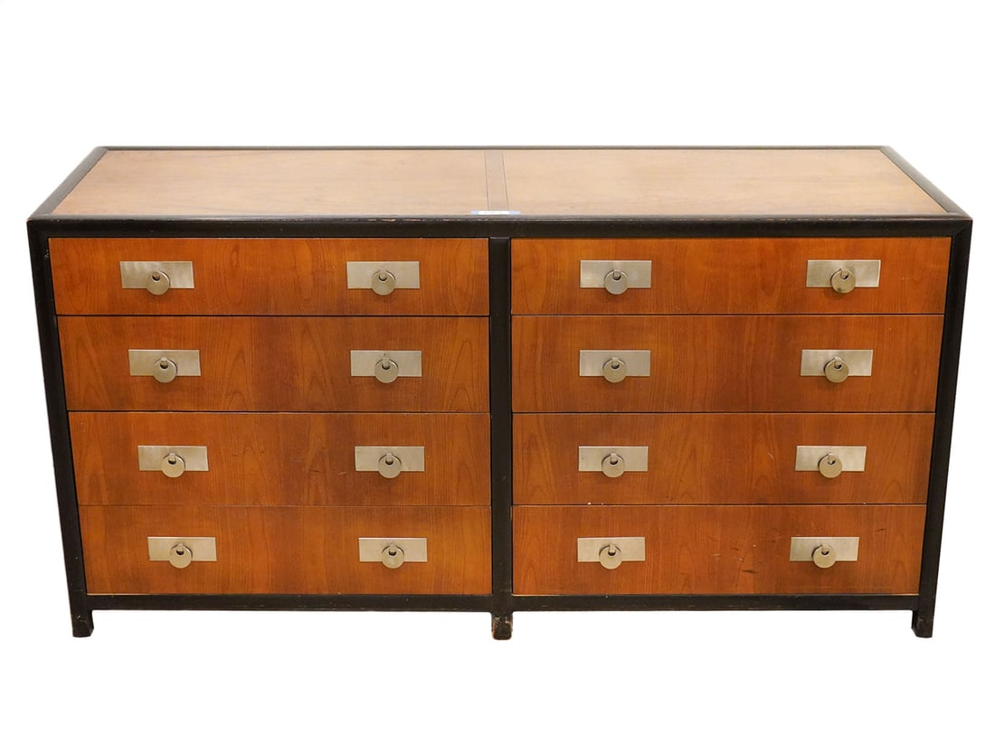 Michael Taylor Baker Furniture 8 Drawer Dresser: Michael Taylor for Baker Furniture mid-century walnut 8 drawer dresser with metal ring handles and dark stained frame. Measures 32"H x 61.75"L x 19"D. Condition report: light surface wear commensurate