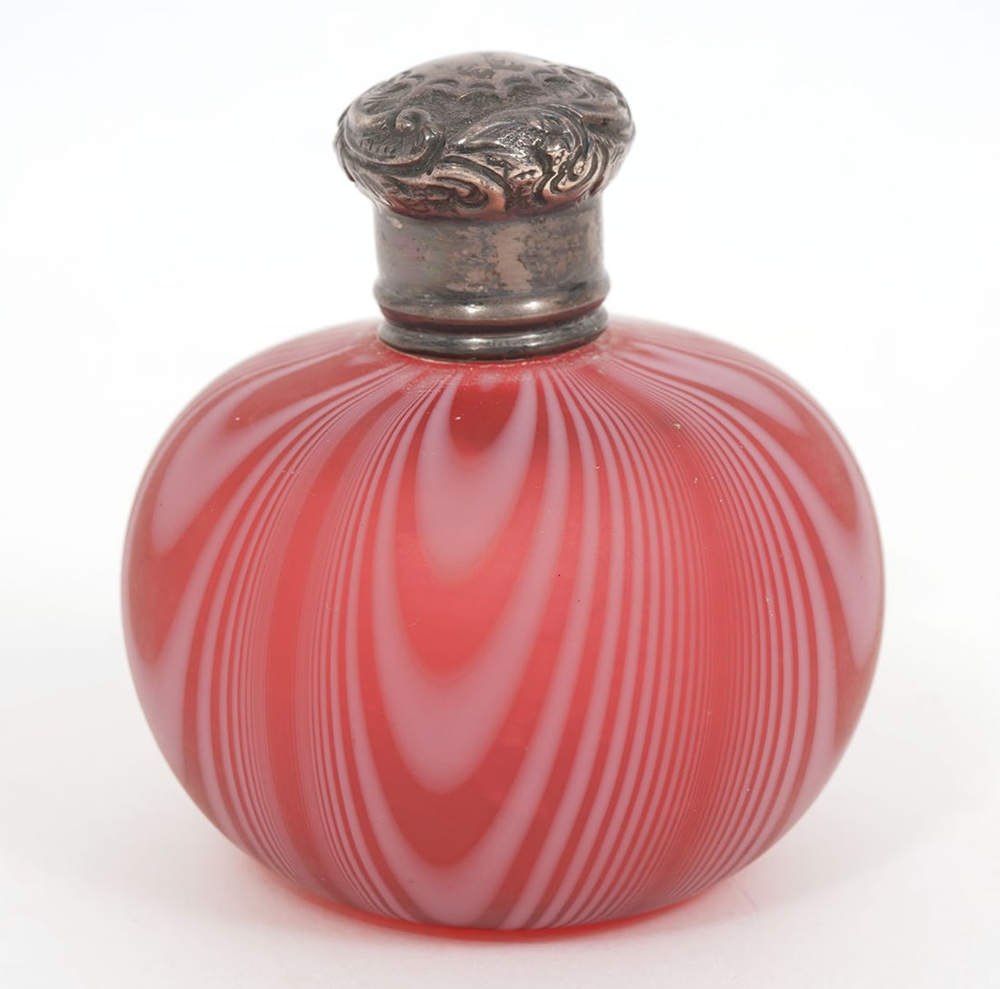 Vintage Perfume Bottle Attributed to Thomas Webb: Vintage perfume bottle attributed to Thomas Webb has unique craftsmanship and design. There are hallmarks on the sterling lid of Cornelius Saunders and Francis Shephard Chester Silversmilths, 1894. Th