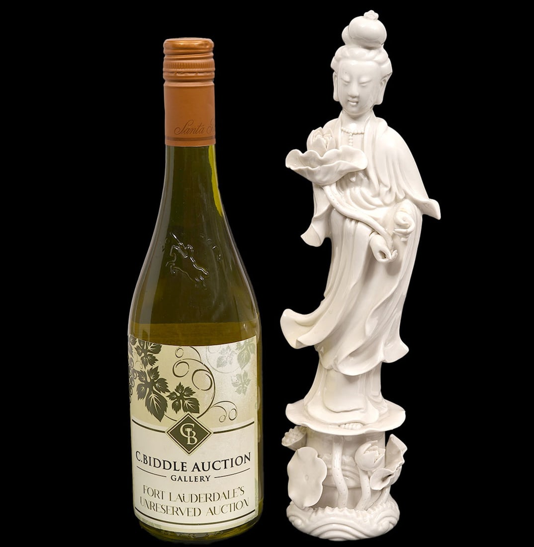 Blanc de Chine Porcelain Chinese Guanyin Figure: Blanc de Chine porcelain Chinese Guanyin figure. Measures 12.5"H x 4"W. Condition report: Restoration made to hand, please examine all photos closely. Contact C. Biddle Auction Gallery for more detail