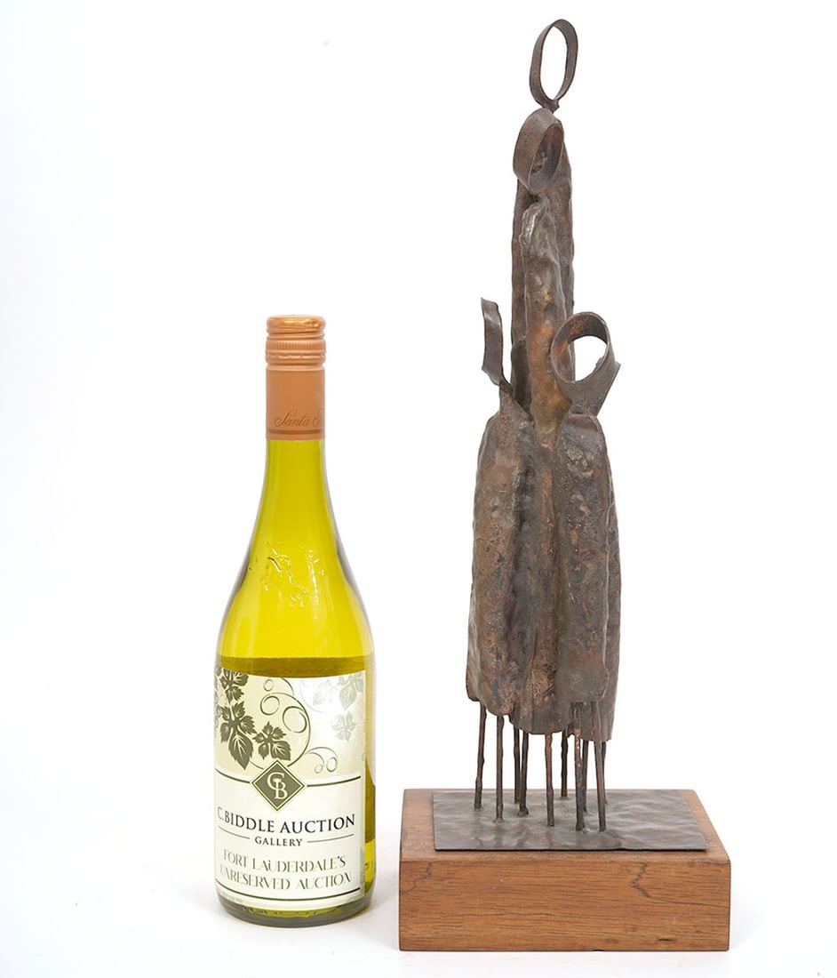 Virginia Stemples Bronze Sculpture: Virginia C. Stemples bronze sculpture of a family of primitive abstract figures mounted on wood base and signed underside. Measures 6"L x 4.5"W x 17.5"H. Condition report: Good condition, please exami