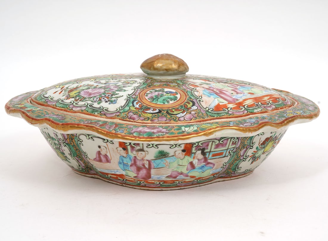 Chinese Rose Medallion Porcelain Tureen: Chinese Rose Medallion porcelain tureen features traditional themes of flowers, insects and figures and is painted on inside. Measures 11.5"L x 9.5"W x 4.5"H. Condition report: Common wear for age, pl