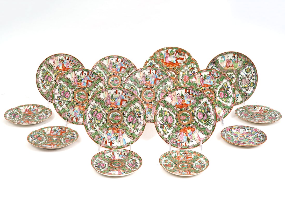 Chinese Rose Medallion Porcelain Group 15Pcs: Chinese Rose Medallion porcelain group of 15 pieces. Plates range in size from 5.5" to 8.5" and feature traditional themes of flowers, insects and figures. Condition report: Minor chips to some plates