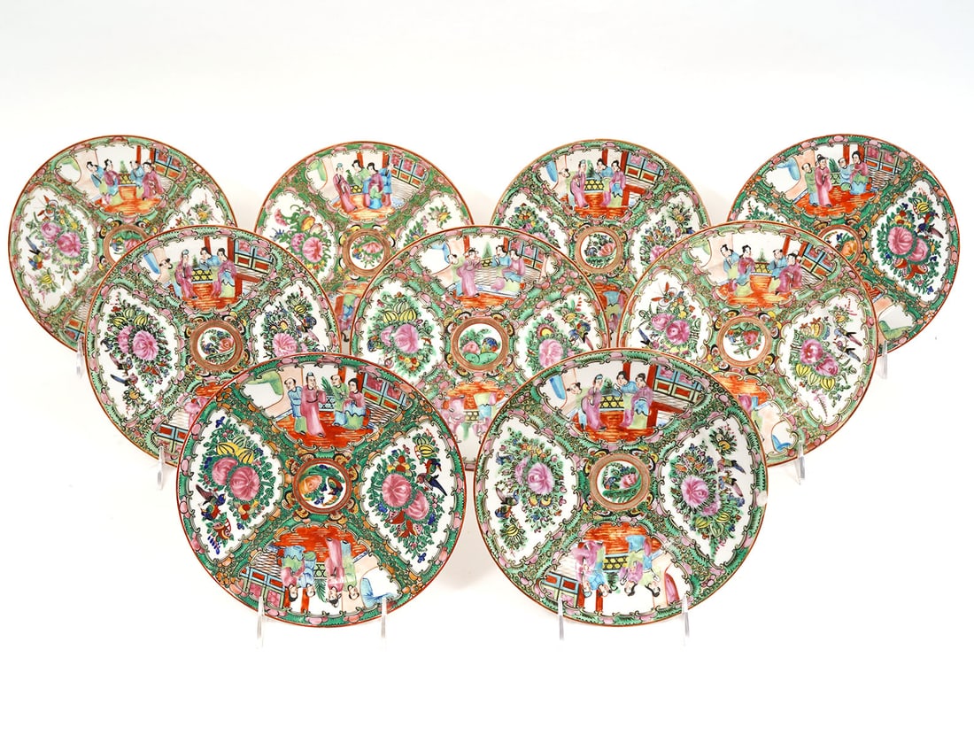 9 Chinese Rose Medallion Porcelain Plates: Chinese Rose Medallion porcelain group of 9 plates. Each has 8.5" diameter and features traditional themes of flowers, insects and figures. Condition report: Minor chips to one plate, please examine a