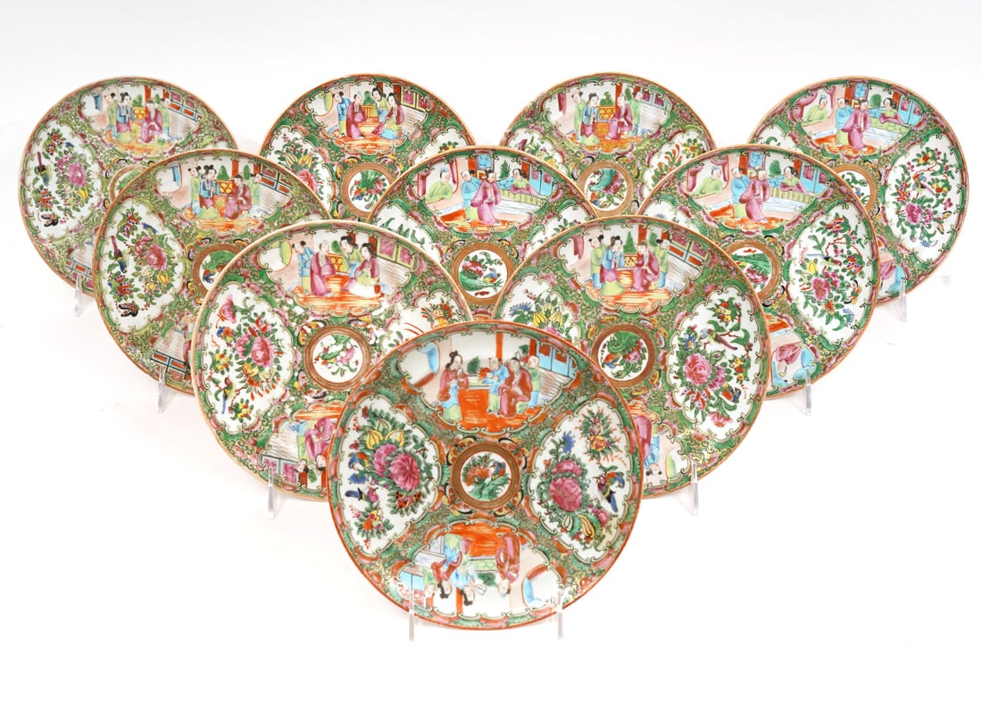 Ten Chinese Rose Medallion Porcelain Plates: Ten Chinese Rose Medallion porcelain plates, each has approx 8" diameter and features traditional themes of flowers, insects and figures. Condition report: Minor chips to one plate, please examine all