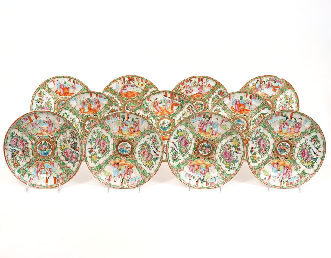 11 Chinese Rose Medallion Porcelain Plates: Chinese Rose Medallion porcelain group of 11 plates, each approx 9.5" diameter and features traditional themes of flowers, insects and figures. Condition report: Chips to one plate, please examine all