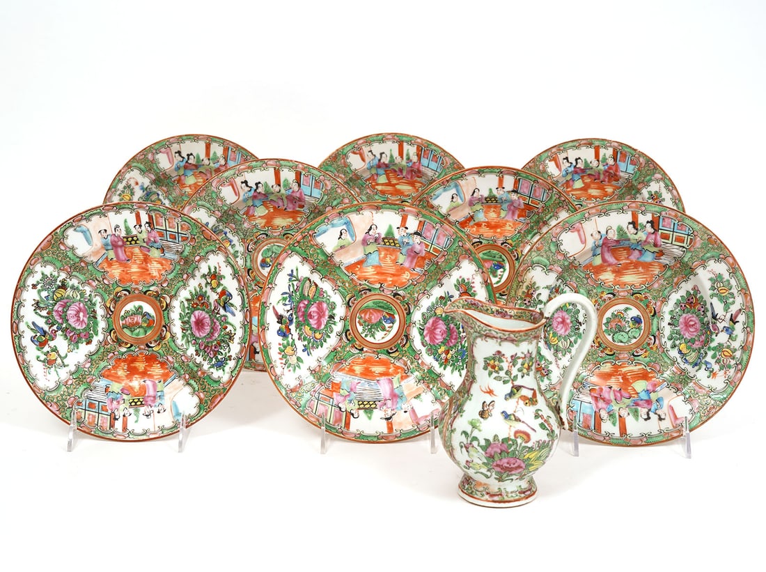 9 Pcs. Chinese Rose Medallion Porcelain: Chinese Rose Medallion porcelain group of 8 bowls (8.5" diameter) and one small pitcher (6.5"H) and features traditional themes of flowers, insects and figures. Condition report: Minor chips to one bo