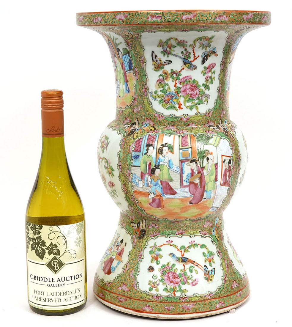 Chinese Rose Medallion Baluster-Form Vase: Chinese Rose Medallion baluster-form vase features traditional themes of flowers, insects and figures and measures 15.5"H x 10"W. Condition report: Good condition, please examine all photos closely. C