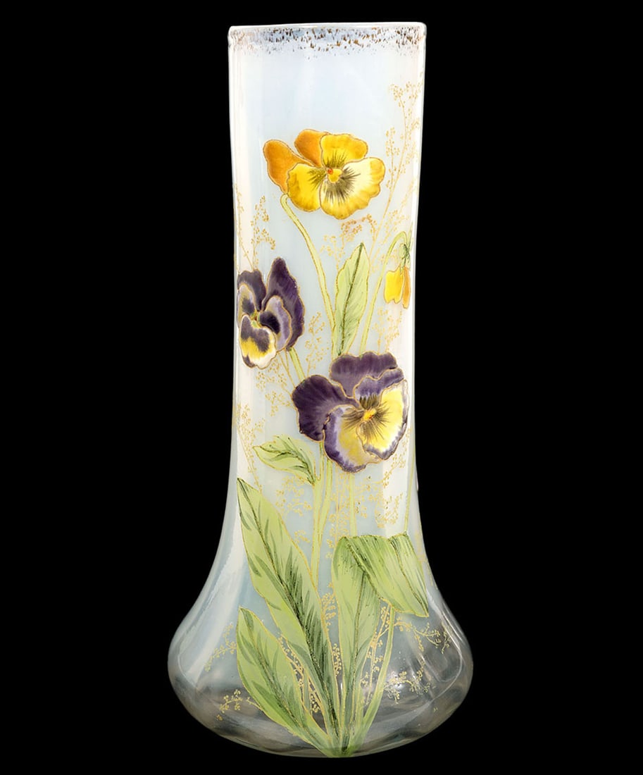 Legras Lamartine Art Nouveau Orchid Flower Vase: Legras Lamartine Art Nouveau orchid flower painted glass vase. Measures 10"H x 4.5"W. Condition report: Good condition, please examine all photos closely. Contact C. Biddle Auction Gallery for more de