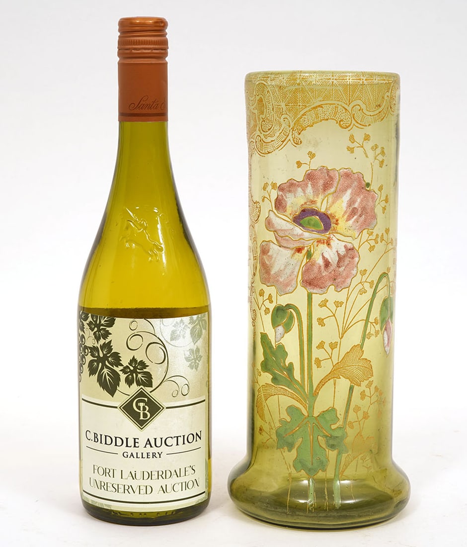 Legras French Art Nouveau Enameled Glass Vase: Legras French Art Nouveau enameled glass vase has hand-painted flowers and botanical themes. Measures 10.5"H x 4.5"W. Condition report: Good condition, please examine all photos closely. Contact C. Bi