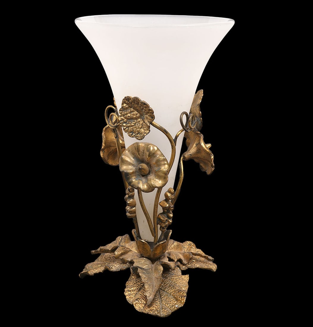 Art Nouveau Gilt Bronze Epergne Glass Insert: Art Nouveau gilt bronze epergne opague white glass insert. Measures 9.5"H x 5.25"W. Condition report: Good condition, please examine all photos closely. Contact C. Biddle Auction Gallery for more deta