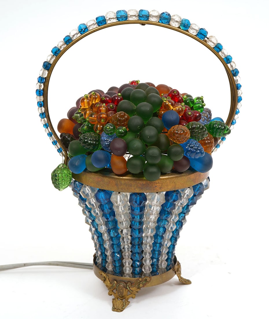 Art Deco Czech Glass Beaded Fruit Basket Lamp: Art Deco Czech glass beaded fruit basket lamp features multicolor glass bouquet of fruit shapes and blue and white alternating beads. Measures 8.5"H x 6"W. Condition report: Good condition, please exa