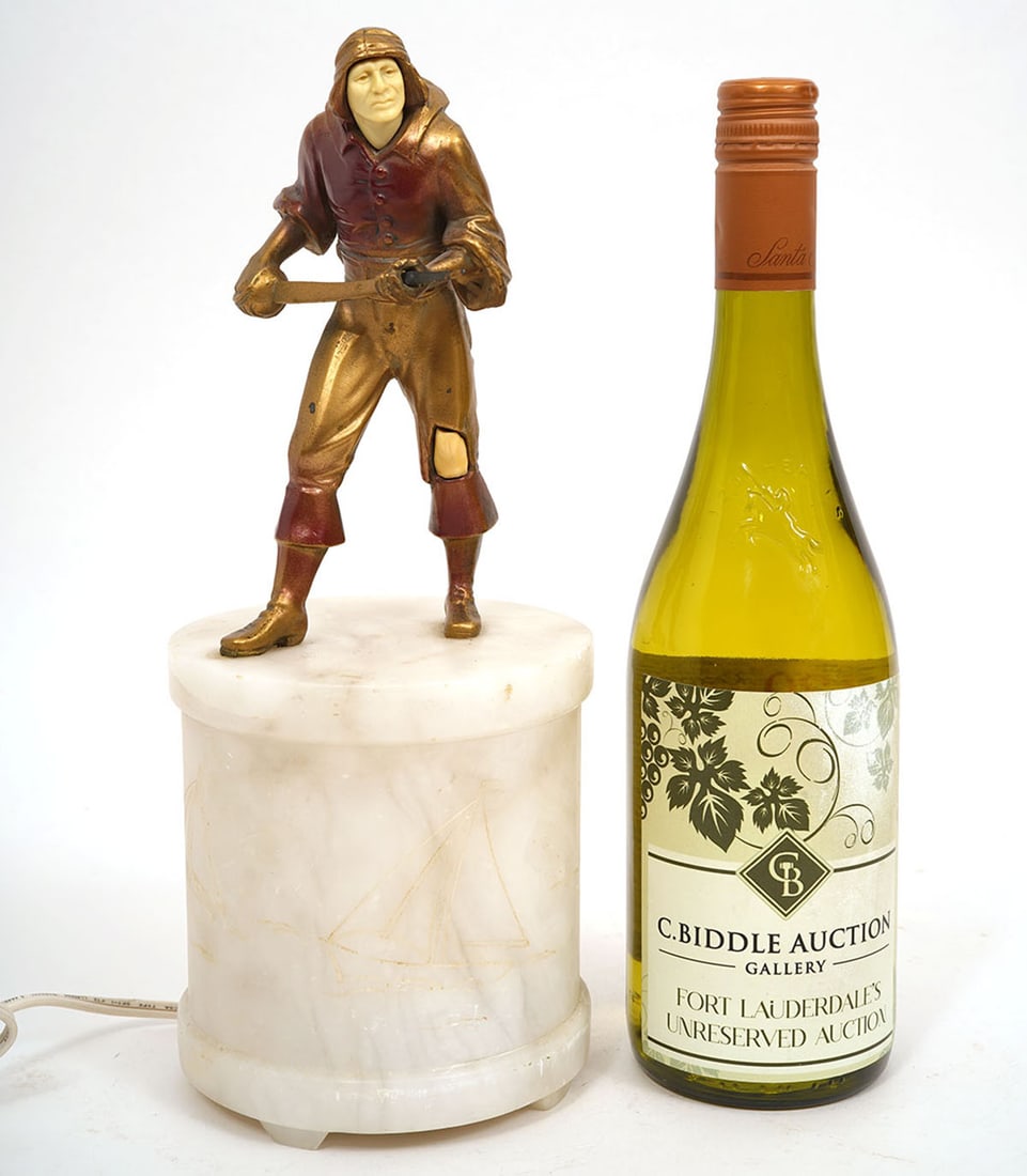 Bronze Sailor Figure on White Marble Lamp: Painted bronze sailor figure holding sword mounted on white marble lamp. Measures approx 12.5"H x 5"W. Condition report: Good condition, common surface wear for age, please examine all photos closely.