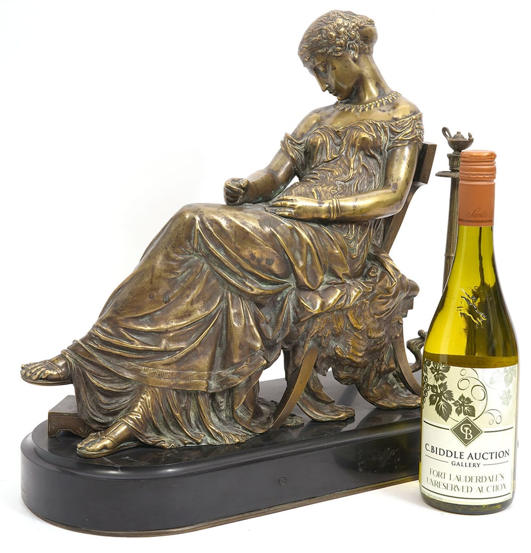 After Salmson French Classical Bronze: After Jean Jules Bernard Salmson (French, 1823-1902). Sculpture of a classical woman reclining near a lamp, patinated bronze on marble with signature at back. Measures 19"L x 7.5"W x 16.5"H.