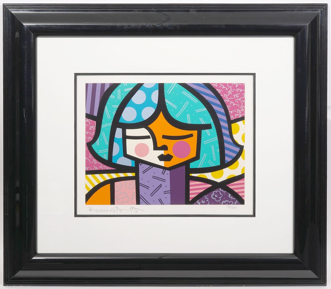 Britto "The Girls - All About You" Litho S/N: Romero Britto "The Girls - All About You" lithograph signed (lower left) and numbered (lower right 76/300). Measurements: Visual image: 12.5"H x 15"W, Frame: 25.5"H x 28.5". Condition report: Good con