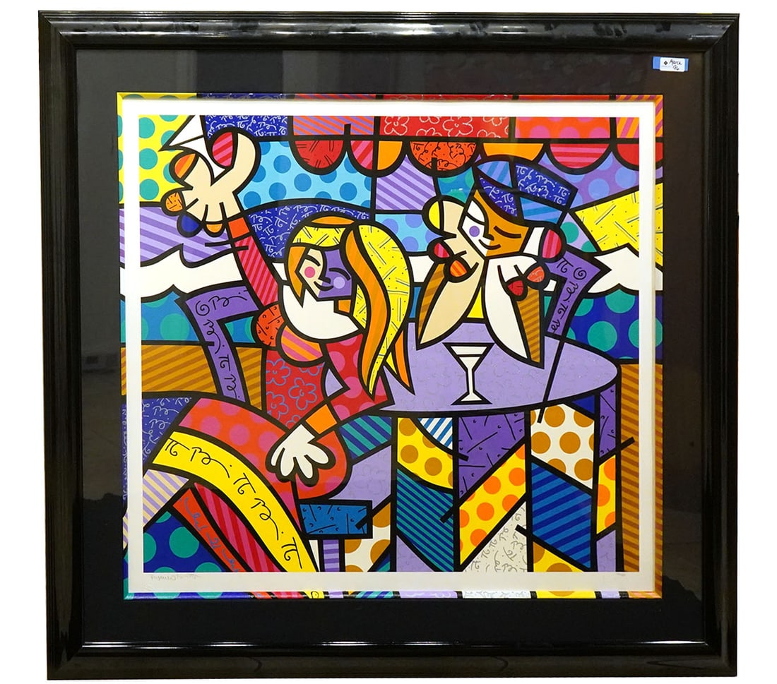 Britto "Doing Lunch Again" Screen Print S/N: Romero Britto "Doing Lunch Again" screen print, signed lower left and numbered 126/300 lower right. Measurements: Visual image - 39"H x 44"W, Frame - 52" x 57"W. Condition report: Good condition, plea