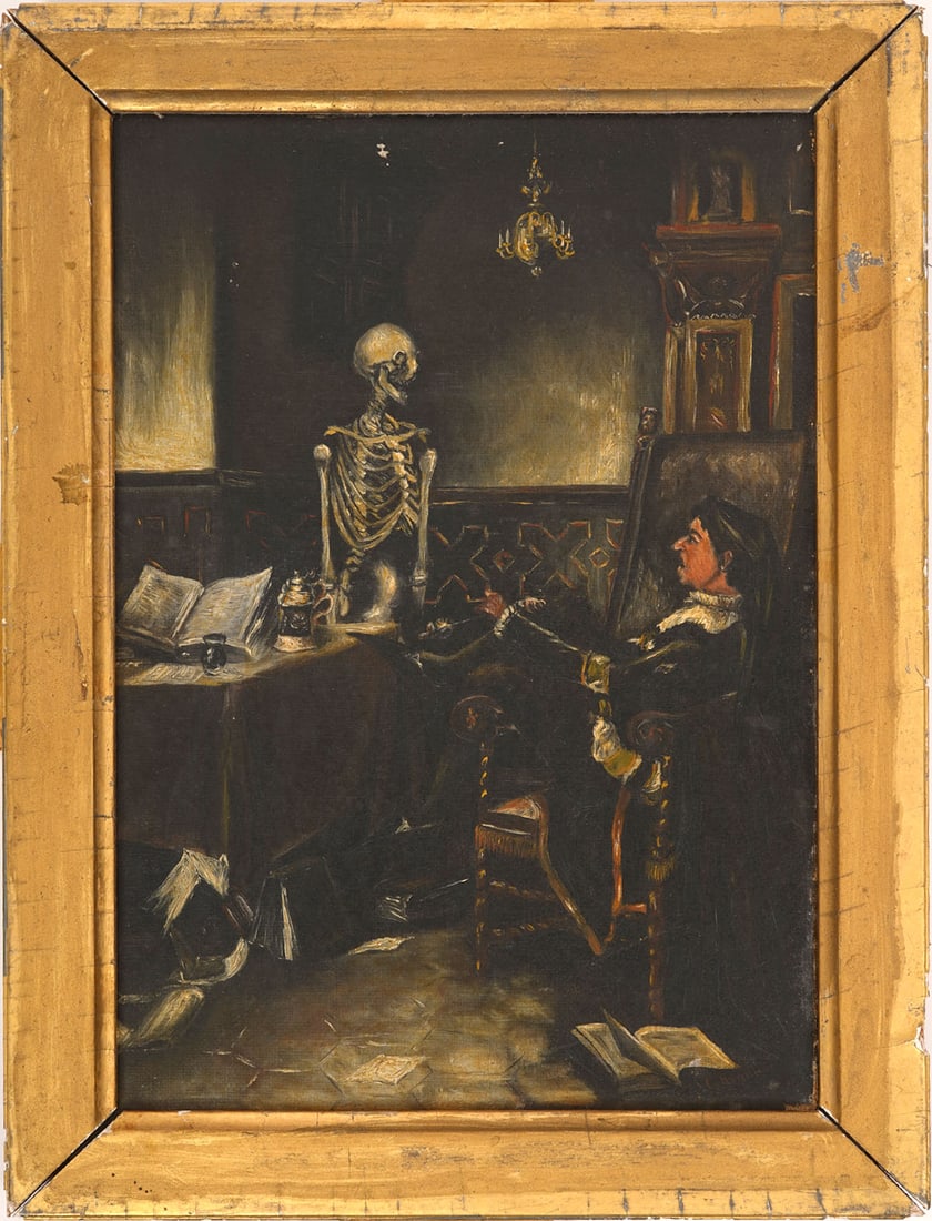 Signed Oil on Canvas Painting Gentleman & Skeleton: Oil on canvas painting of a gentleman sitting in a study with a skeleton is illegibly signed lower right. Measurements: Canvas - 10"H x 7"W; Frame - 11.75"H x 8.75"W. Condition report: Painting needs