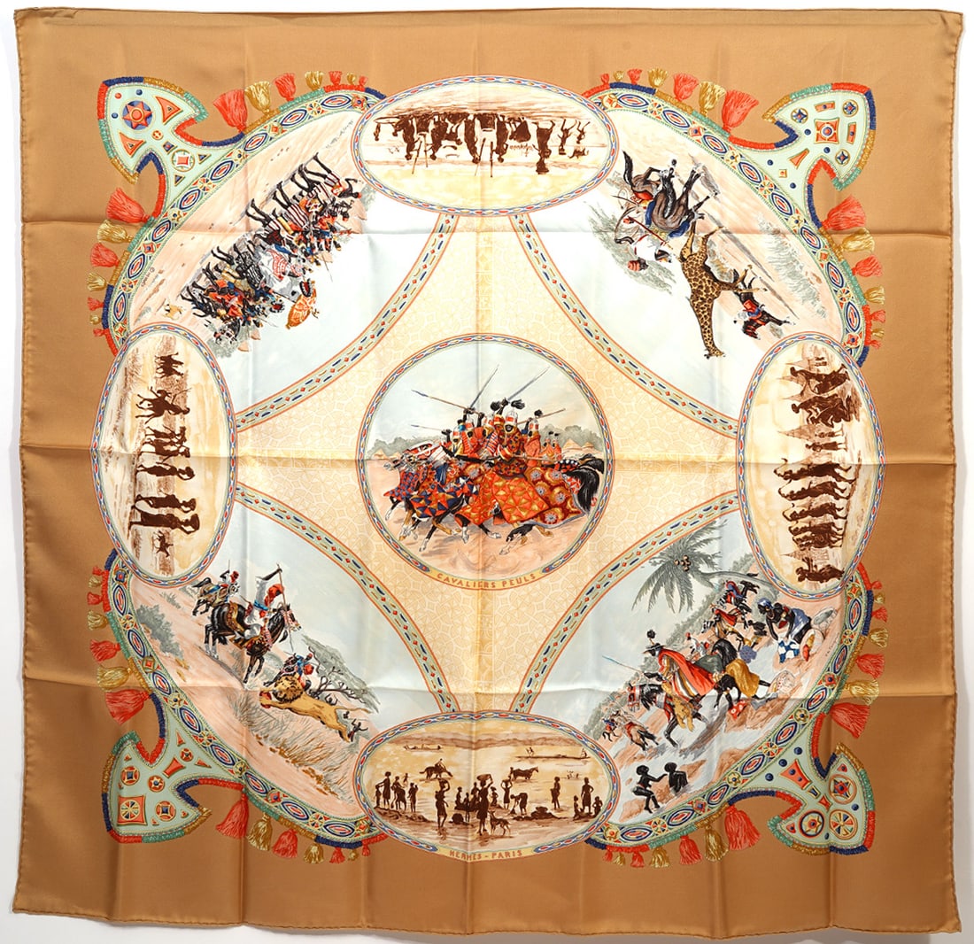 Hermes 'Cavaliers Peuls' Silk Scarf: Hermes 'Cavaliers Peuls' 100% silk scarf designed by Jean de Fougerolle has hand rolled edges and It is signed 'Hermes Paris' with the Hermes tag. Measures 35" x 35". Condition report: good condition,