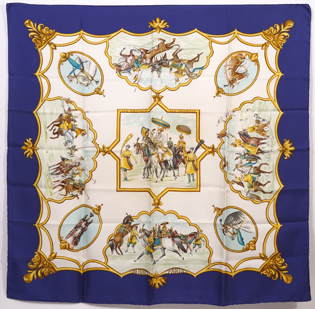Hermes 'Les Chevaux Des Moghols' Silk Scarf: Hermes 'Les Chevaux Des Moghols' 100% silk scarf designed by Jean de Fougerolle in 1993 and was reissued in 1997 by popular demand. The scarf is signed by the artist and 'Hermes Paris' and has the Her