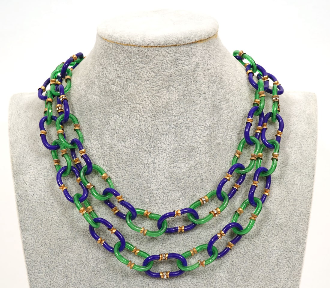Archimede Seguso for Chanel Glass Link Jewelry: Archimede Seguso for Chanel green and blue glass link necklace and matching clip-on earrings. Necklace measures 36" long. Earrings are approximately 1.5" wide. Condition report: Good condition, please