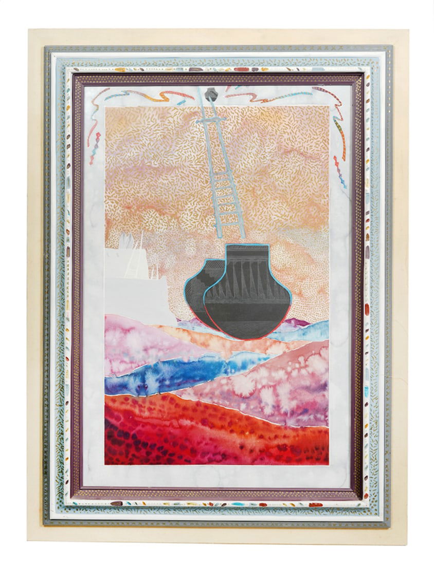 Fran Larsen Watercolor in Custom Frame: Fran Larsen, American (Born1937). Large watercolor on board mounted in two custom frames. The inner frame is a hand carved and painted polychrome frame that measures 42.75"H x 30.75"W. This is mounted