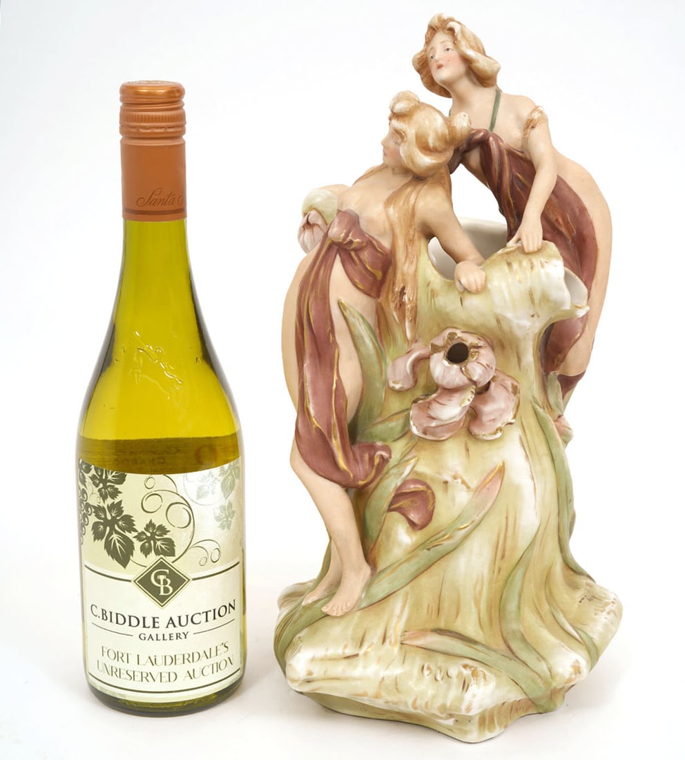 Royal Dux Two Female Figural Porcelain Group: Royal Dux Art Nouveau sculptural porcelain group two female figures. Measures 13"H x 8"W. Condition report: Good condition, please examine all photos closely. Contact C. Biddle Auction Gallery for mor