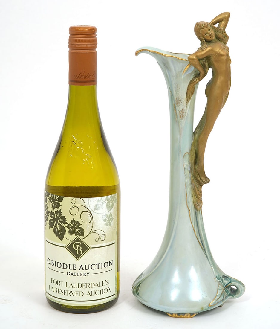 Ernst Wahliss Austrian Art Nouveau Porcelain Vase: Ernst Wahliss Austrian Art Nouveau porcelain vase features female figural handle. Hallmarked underside. Measures 12.5"H x 4.5"W. Condition report: Good condition, please examine all photos closely. Co