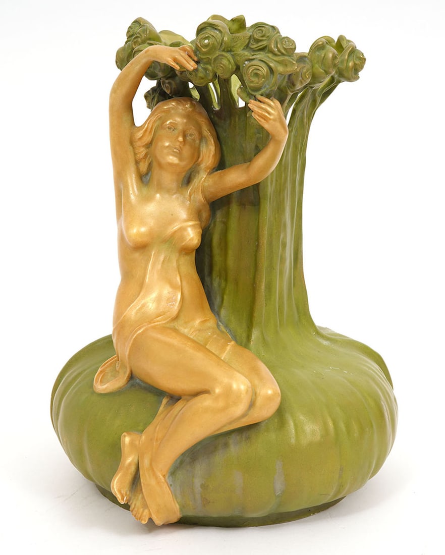 Ernst Wahliss Austrian Art Nouveau Tree Form Vase: Ernst Wahliss Austrian Art Nouveau vase featuring female figure under tree. Measures 9.5"H x 7.5"W. Condition report: Chip to foot of figure, please examine all photos closely. Contact C. Biddle Aucti