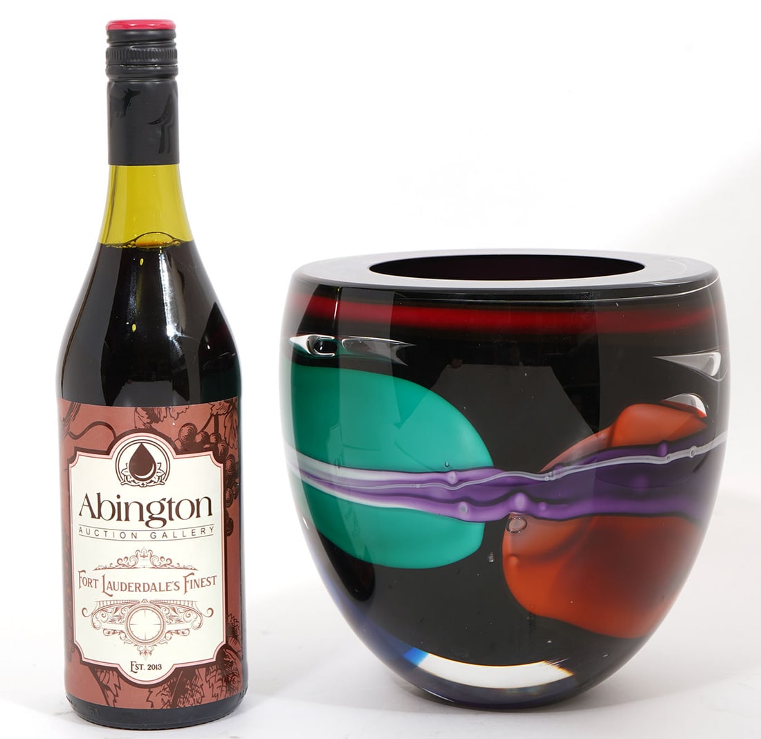 Leon Applebaum Art Glass Bowl Signed: Leon Applebaum, modernist art glass bowl signed underside. Features thick walls with abstract multi-color pattern. Measures 7.5"H x 7.5"W. Condition report: Good condition, please examine all photos c