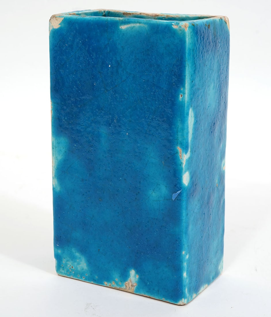 Peasant Valley Blue Ceramic Vase: Peasant Valley France cyan blue ceramic rectangular vase, signed underside. Measures 4"L x 2.5"W x 7.5"H. Condition report: Chip to corner, please examine all photos closely. Contact C. Biddle Auction