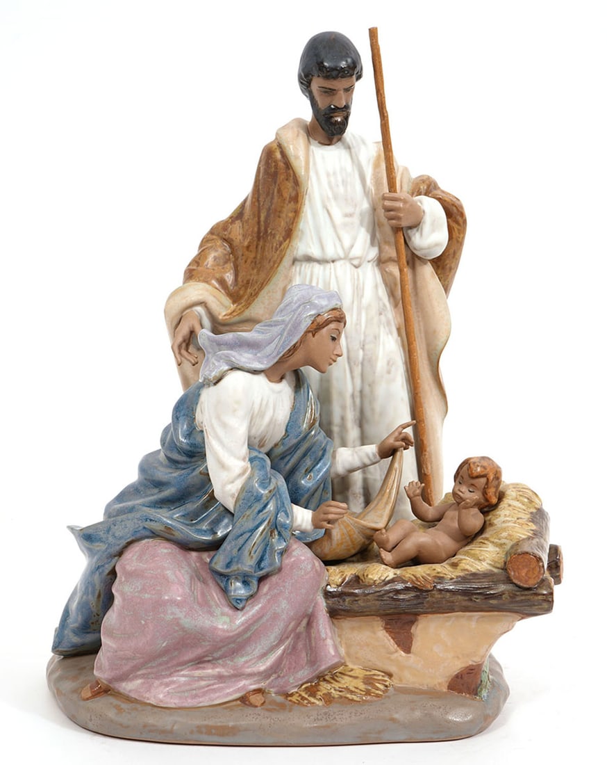 Lladro "King is Born" Porcelain Figural Group: Lladro "King is Born" porcelain figural group, numbered 2198. Measures 9.5"L x 7'W x 12.5"H. Condition report: Good condition, please examine all photos closely. Contact C. Biddle Auction Gallery for